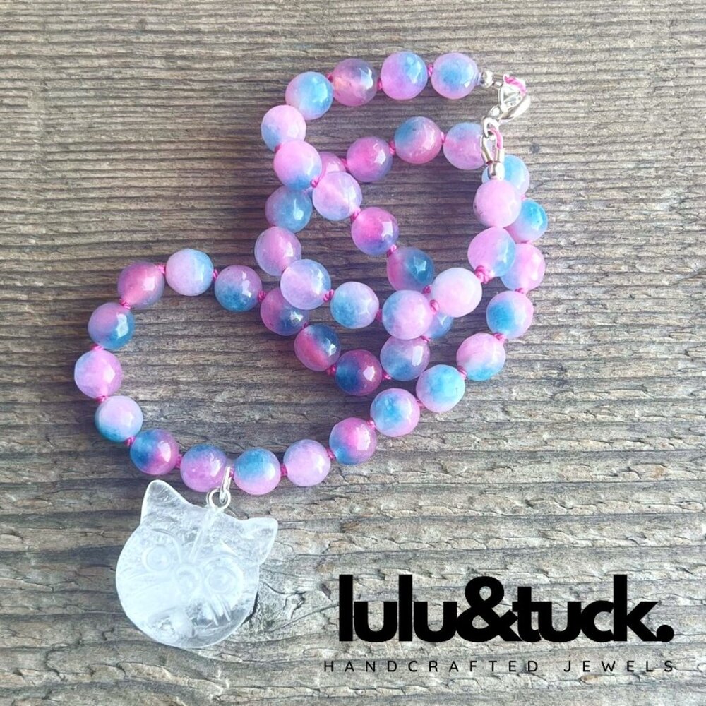 "BUBBLEGUM KITTY" Blue Cherry Agate Gemstone Necklace w/Crystal Quartz Kitty!